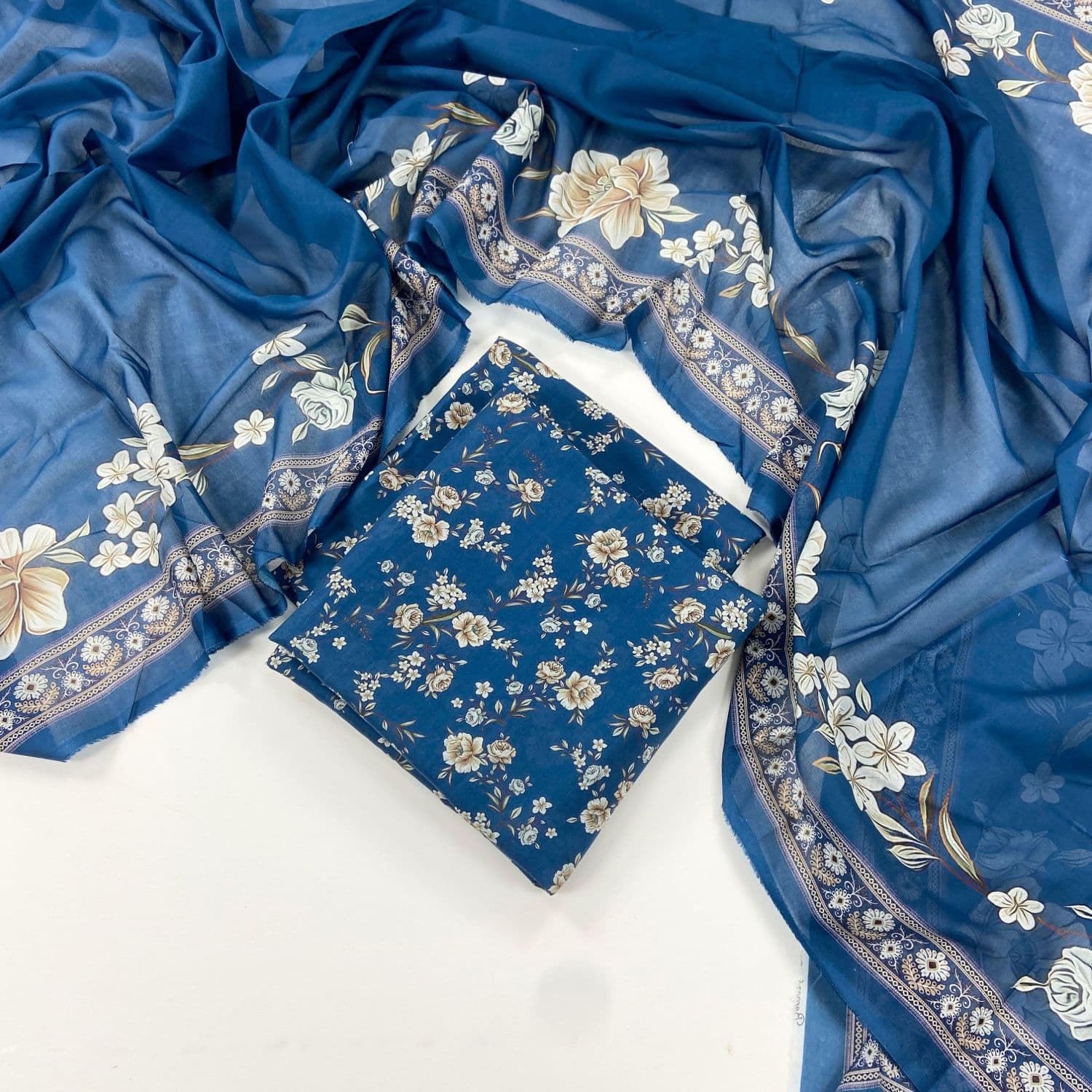 Blue floral printed unstitched suit with dupatta