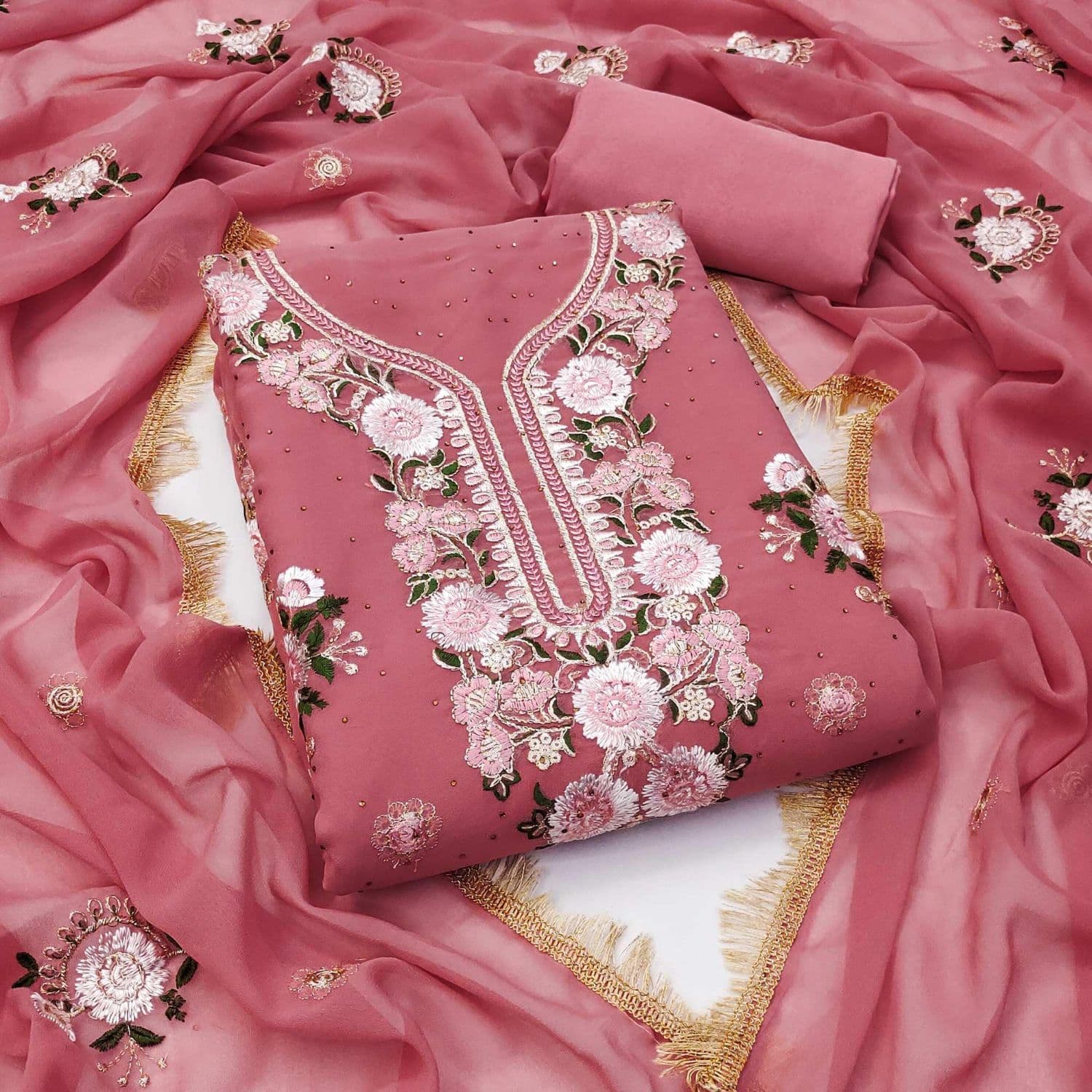 Pink embroidered unstitched suit with dupatta